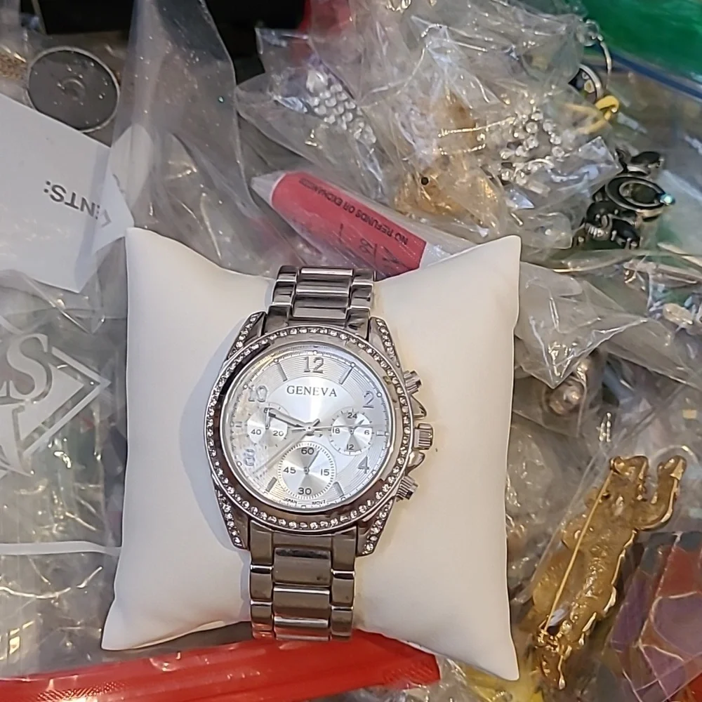 Geneva Silver Watch with Crystal Accents